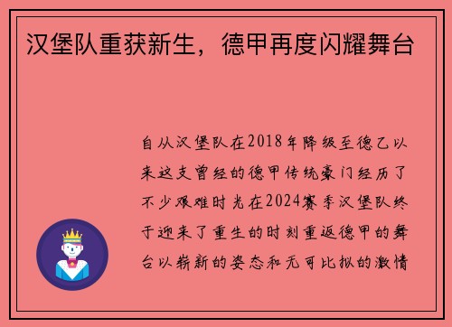 汉堡队重获新生，德甲再度闪耀舞台